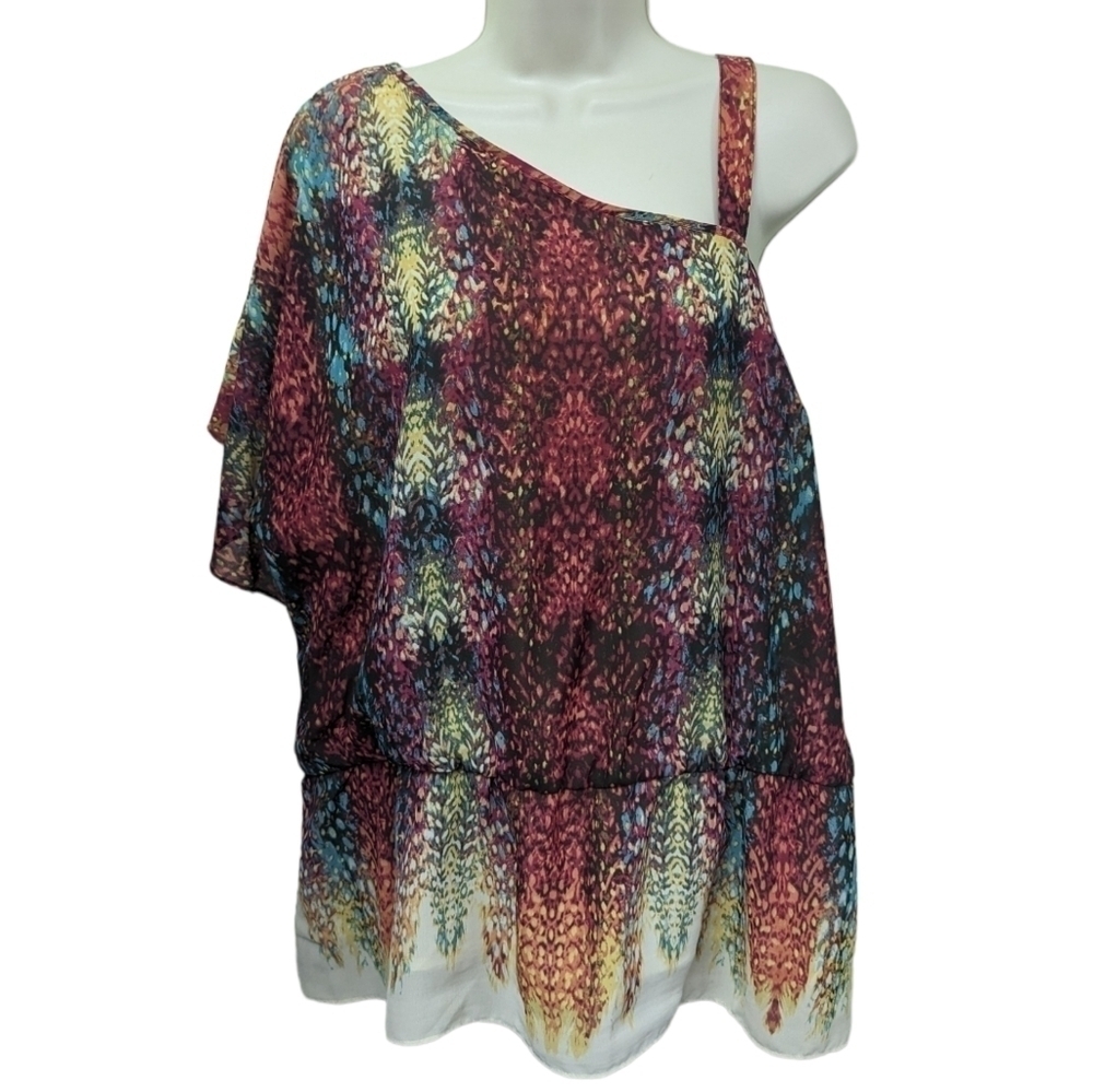 A.N.A Asymmetrical Patterned Peplum Top Sz 2X